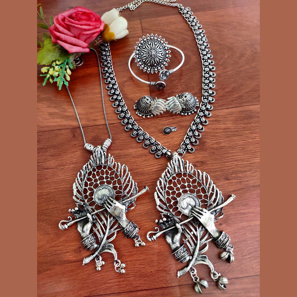 Vaamika Long Oxidised Necklace and Chain Necklace combo set with Stunning Earrings, Nosepin, Kada Bracelet and Big size Finger Ring