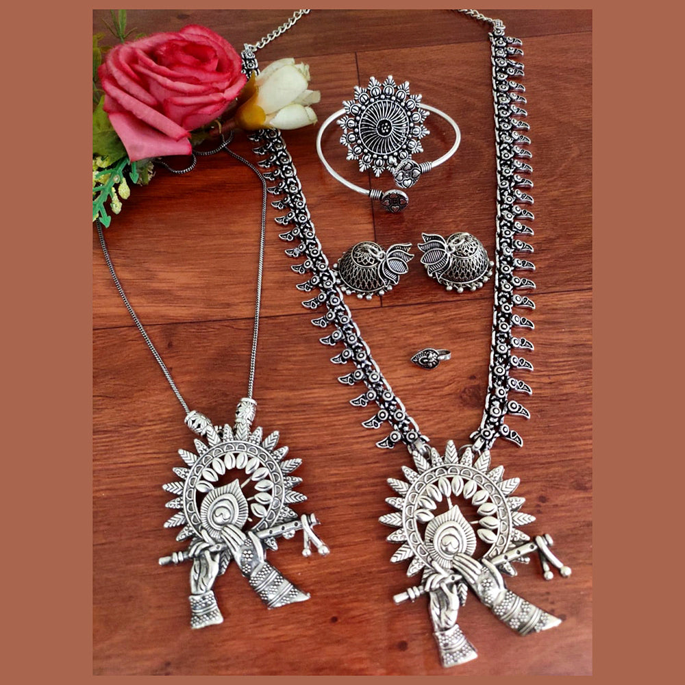 Vaamika Long Oxidised Necklace and Chain Necklace Combo Set With Stunning Earrings, Nosepin, Kada Bracelet And Big size Finger Ring