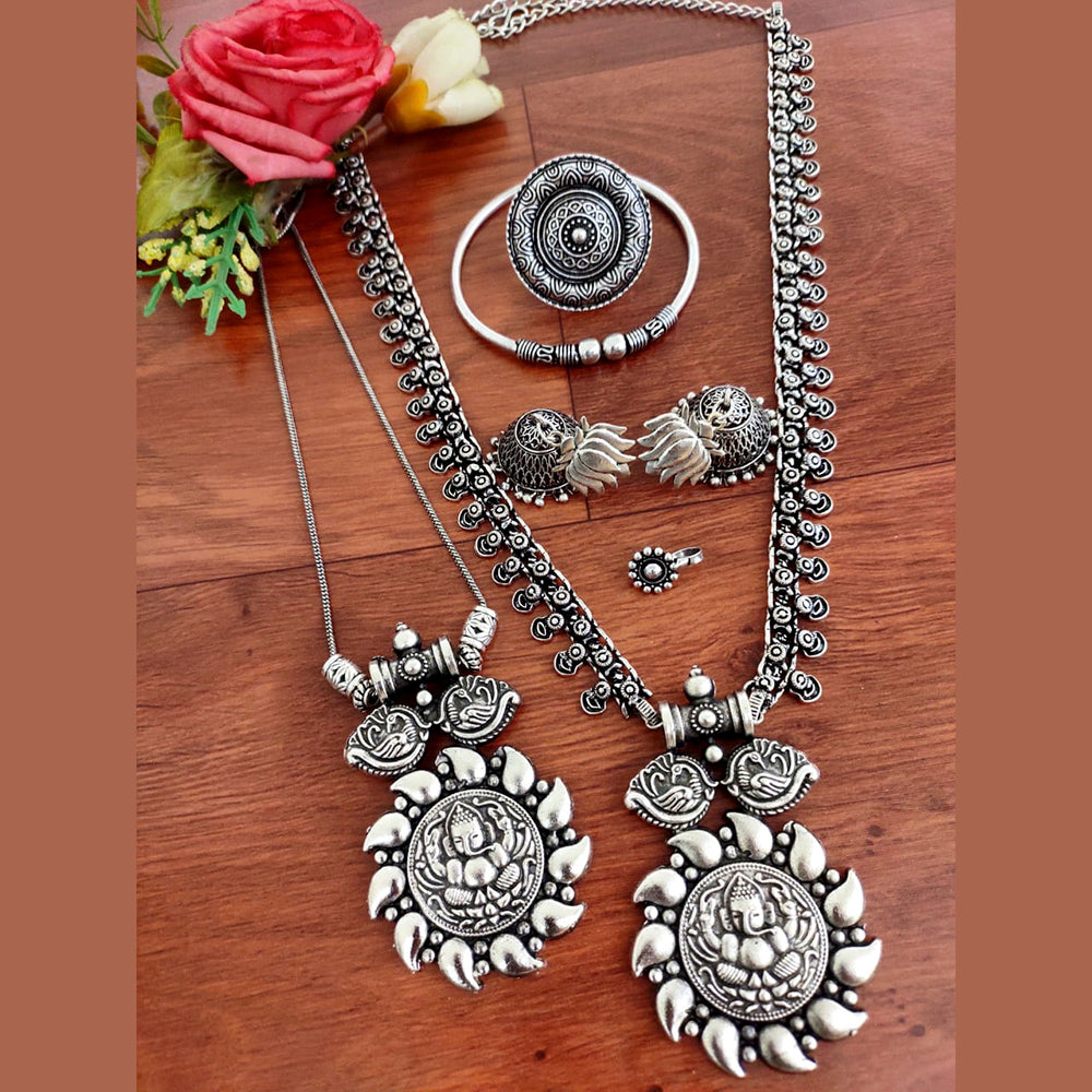 Vaamika Long Oxidised Necklace and Chain Necklace Combo Set With Stunning Earrings, Nosepin, Kada Bracelet And Big size Finger Ring