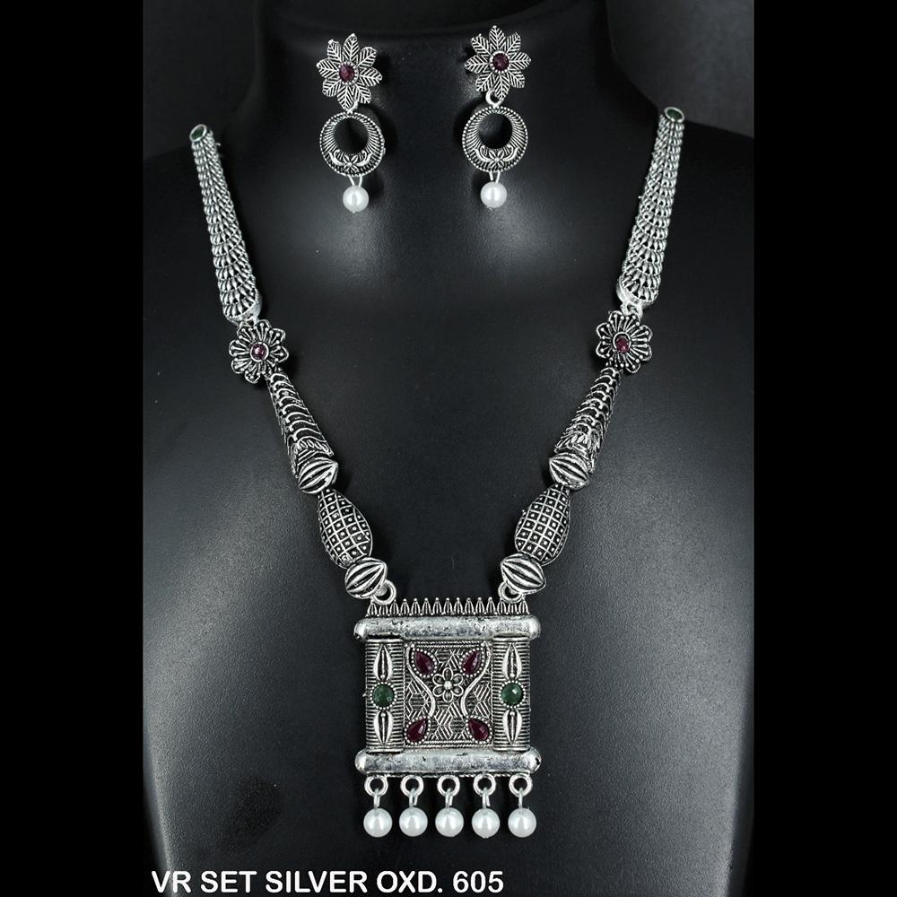 Mahavir Oxidised Plated Long Necklace Set - VR SET SILVER  OXD. 605