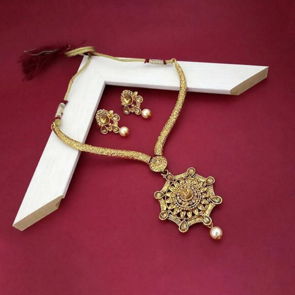 Tip Top Fashions Brown Kundan Stone Gold Plated Necklace Set