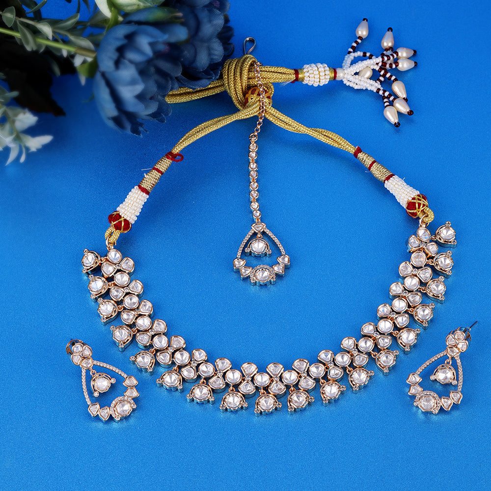 Saloni Fashion Jewellery Contemporary Round Shape Uncut Kundan Stone 18 KT Gold Plated Brass Choker Necklace Set with Maang Tikka For Women and Girls