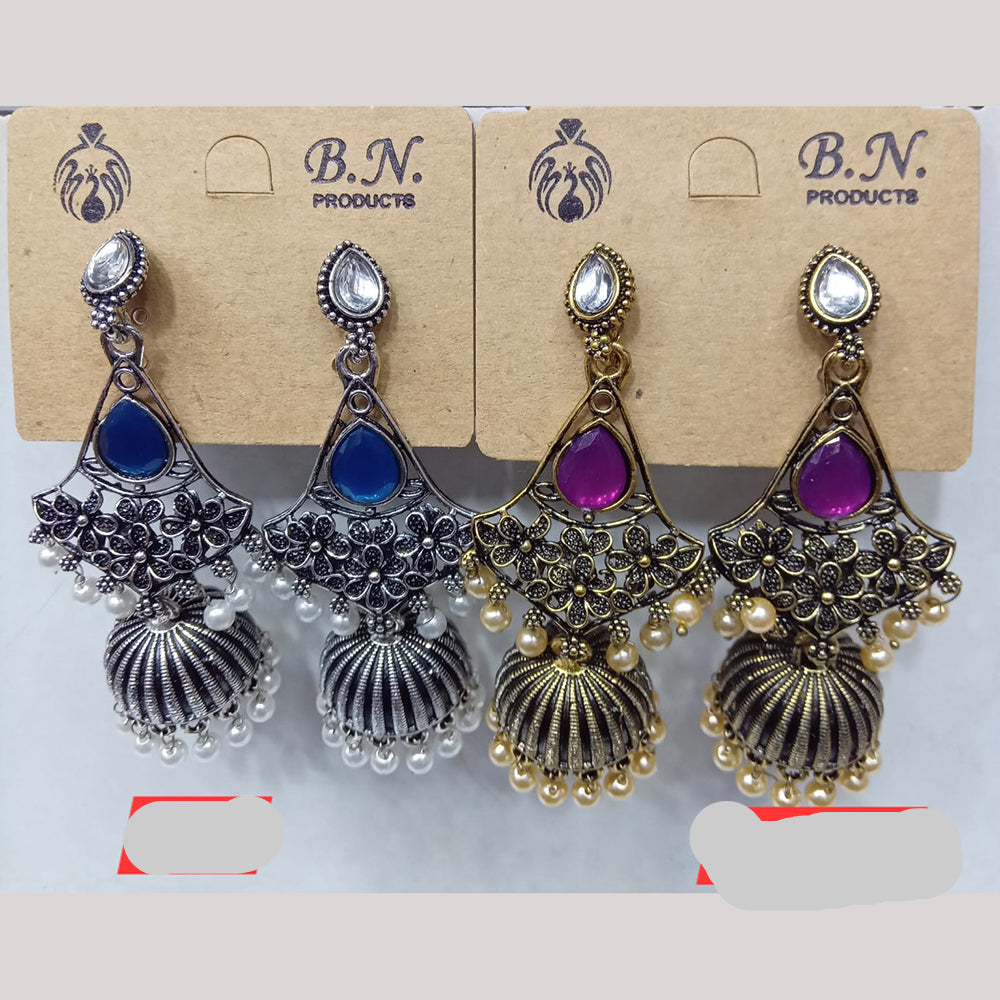 Tip Top Jewellers Royal Pota Stone And Pearl Designer Jhumki Earrings (Assorted Color)  (Pack of 12)