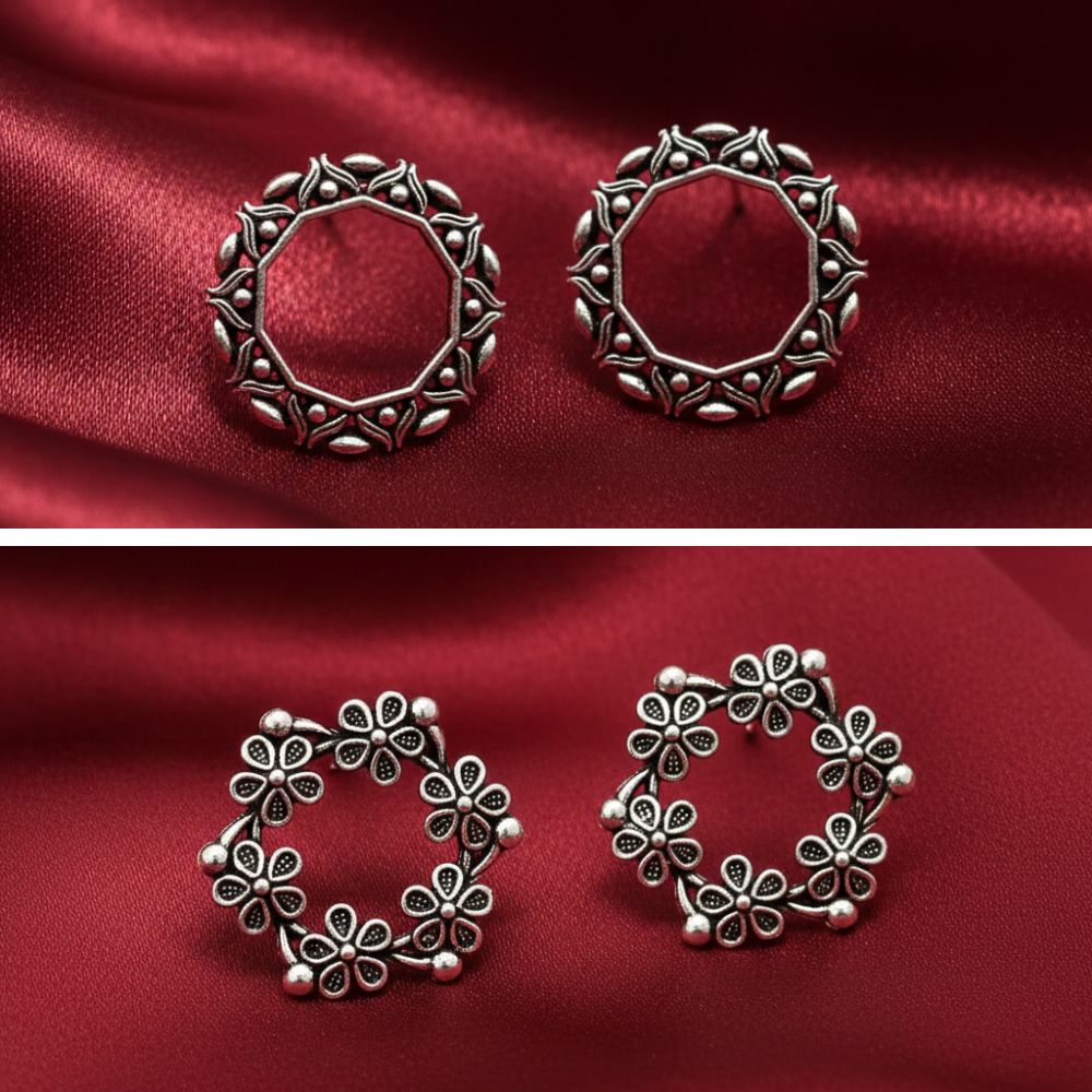Urthn Oxidised Plated Pack of 2 Assorted Studs Combo (Pack Of 6)