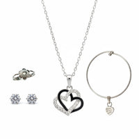 Urthn Silver Plated Heart Chain Pendant Earrings Rings And Bracelet Jewellery Combo Set (Pack Of 6)