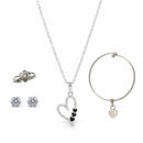 Urthn Silver Plated Heart Chain Pendant Earrings Rings And Bracelet Jewellery Combo Set (Pack Of 6)