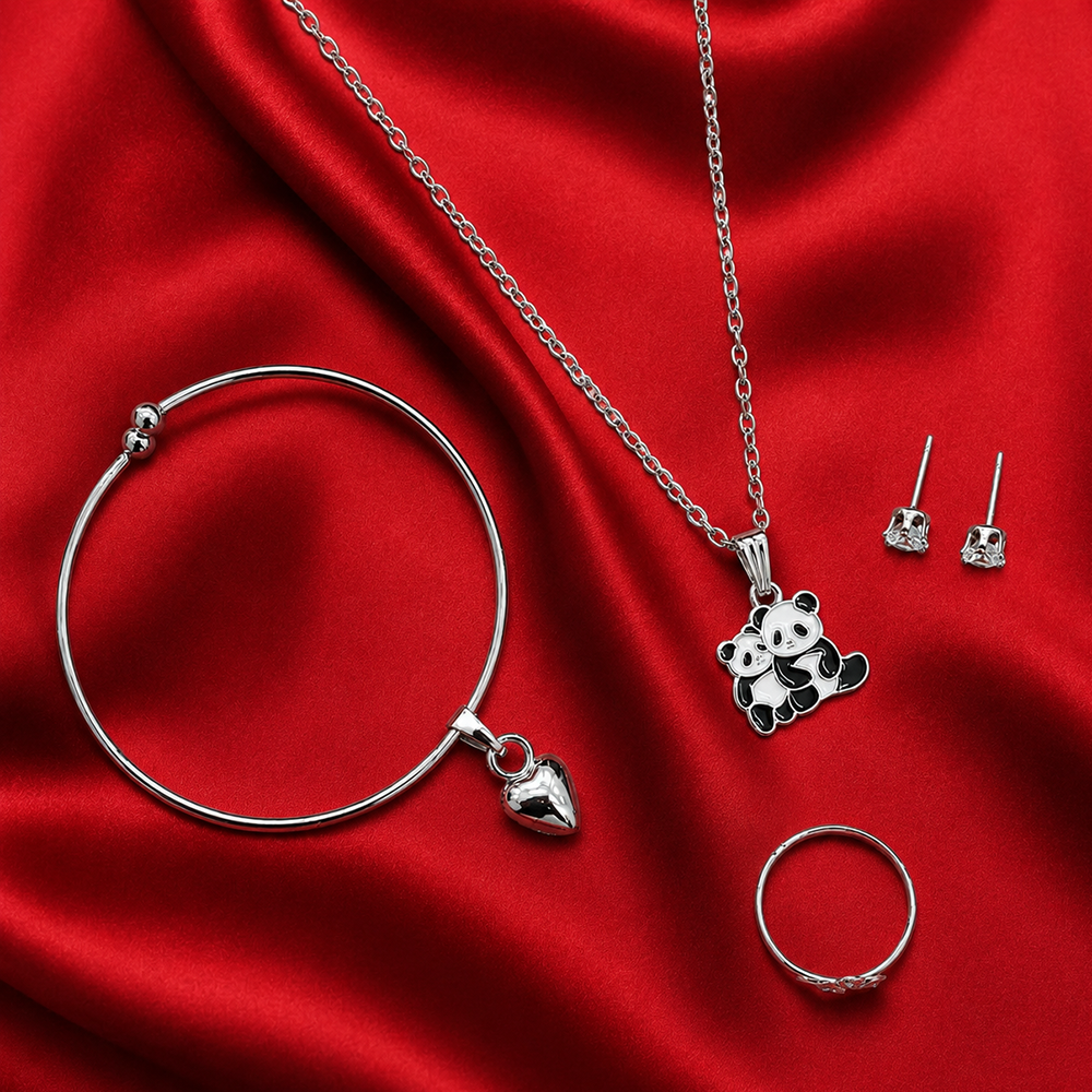 Urthn  Silver Plated Chain Pendant Earrings Rings And Bracelet Jewellery Combo Set (Pack of 6)