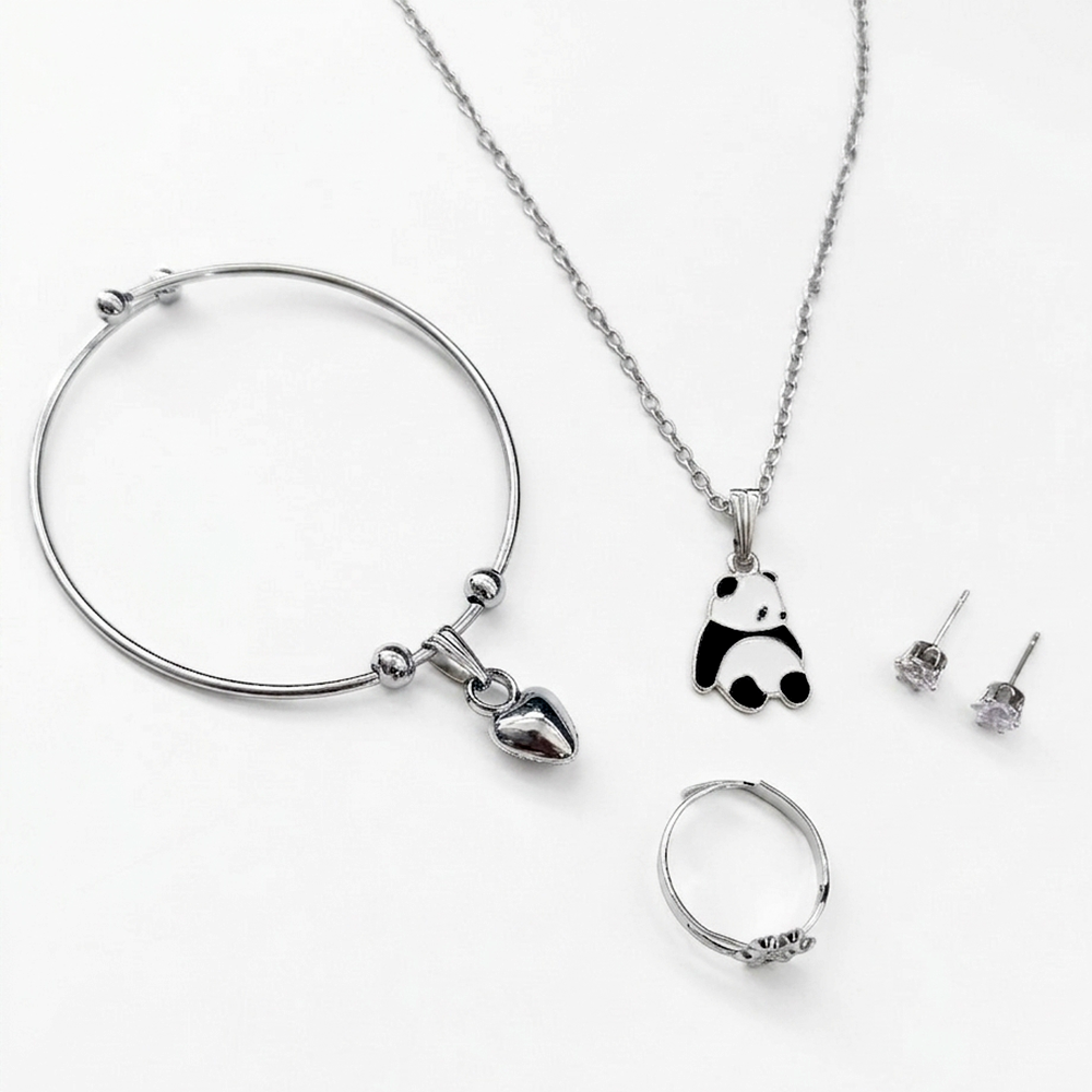 Urthn  Silver Plated Chain Pendant Earrings Rings And Bracelet Jewellery Combo Set (Pack of 6)