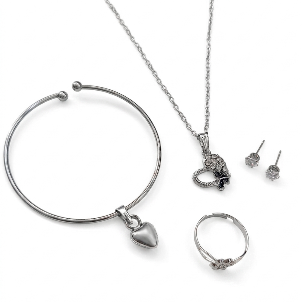 Urthn  Silver Plated Chain Pendant Earrings Rings And Bracelet Jewellery Combo Set (Pack of 6)