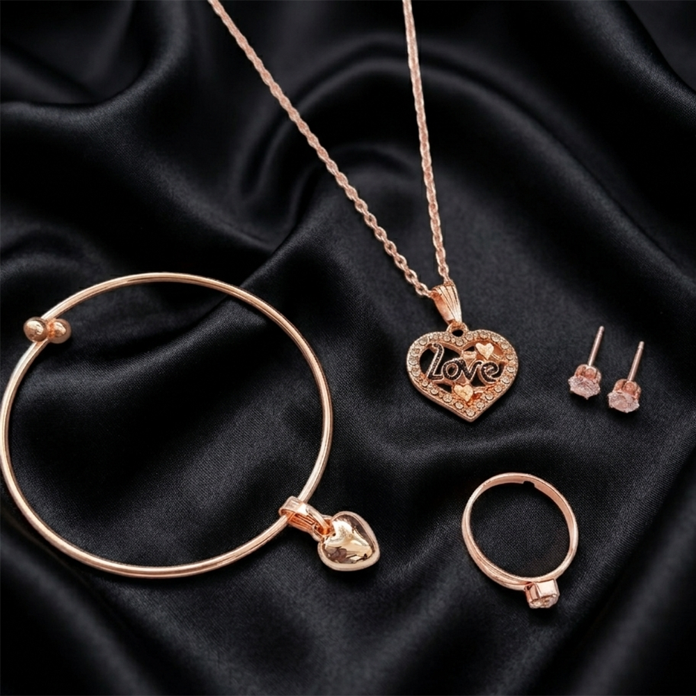 Urthn  Rose Gold Plated Chain Pendant Earrings Rings And Bracelet Jewellery Combo Set (Pack of 6)