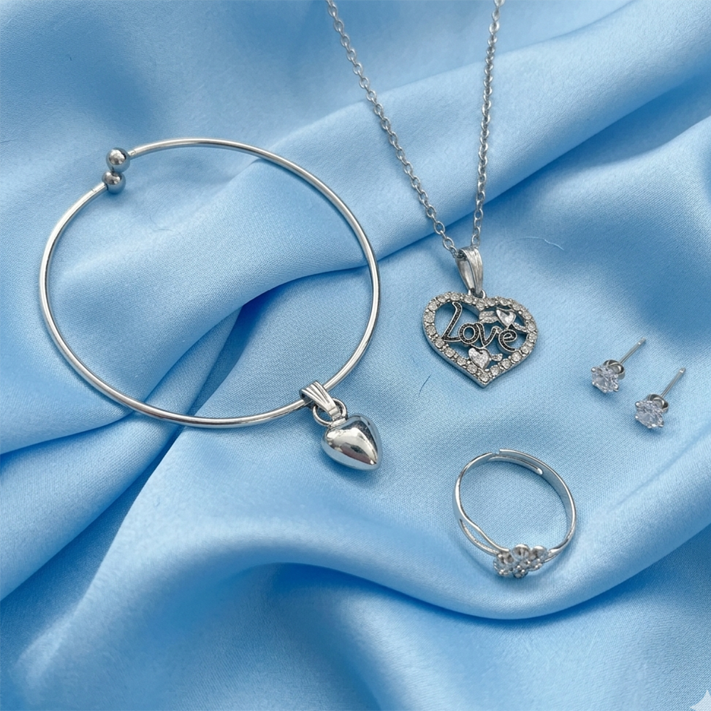 Urthn  Silver Plated Chain Pendant Earrings Rings And Bracelet Jewellery Combo Set (Pack of 6)