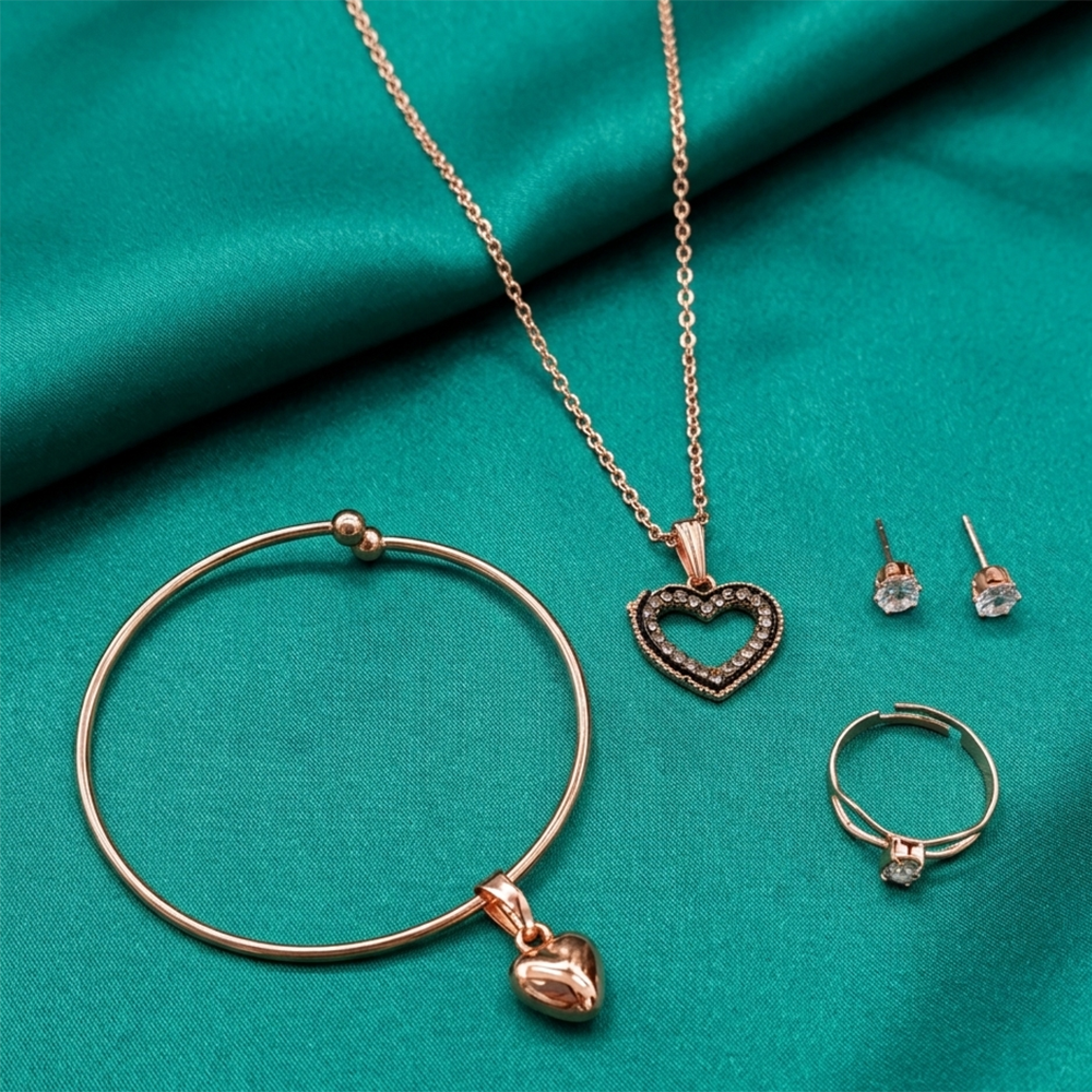 Urthn  Rose Gold Plated Chain Pendant Earrings Rings And Bracelet Jewellery Combo Set (Pack of 6)