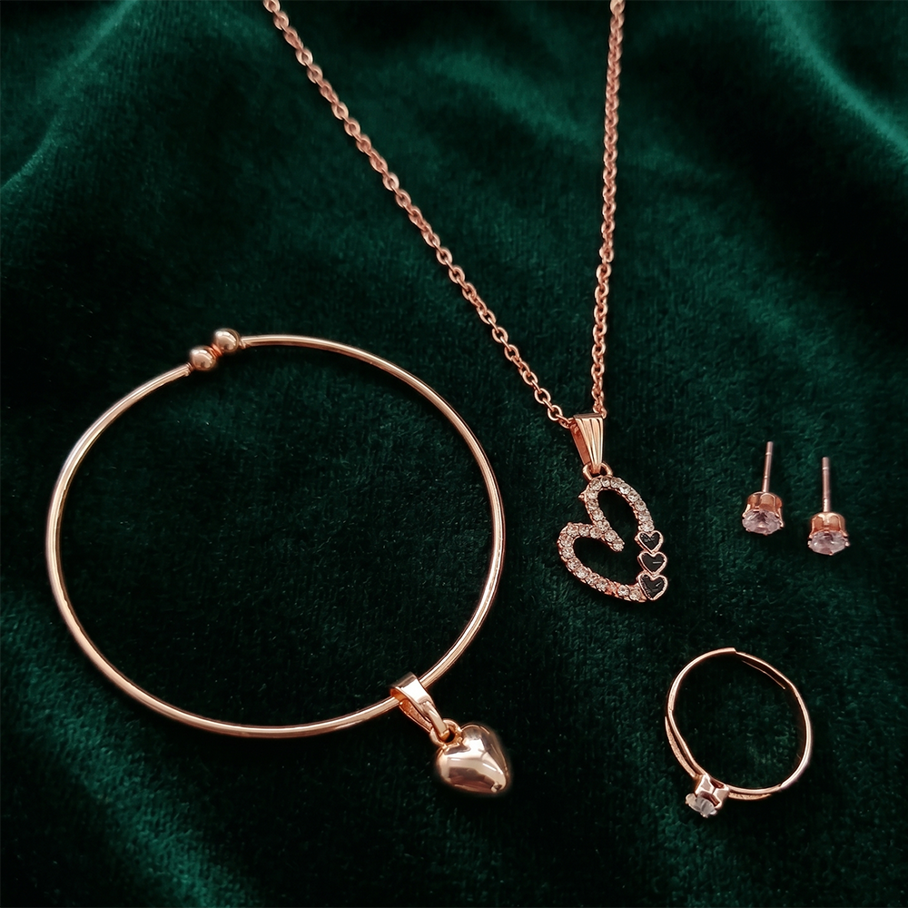 Urthn  Rose Gold Plated Chain Pendant Earrings Rings And Bracelet Jewellery Combo Set (Pack of 6)