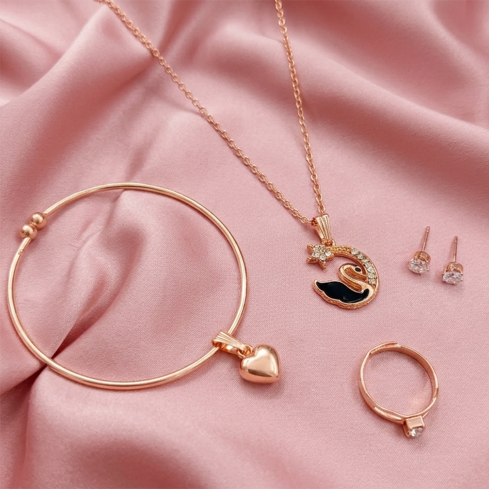 Urthn  Rose Gold Plated Chain Pendant Earrings Rings And Bracelet Jewellery Combo Set (Pack of 6)