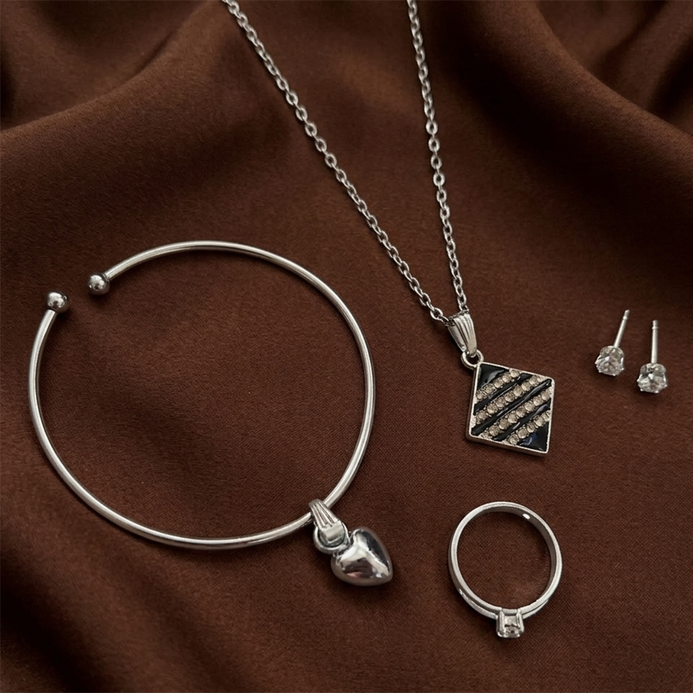 Urthn  Silver Plated Chain Pendant Earrings Rings And Bracelet Jewellery Combo Set (Pack of 6)