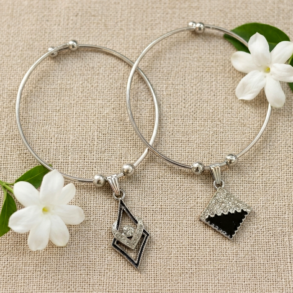 Urthn Silver Plated Elegant Austrian Stone Openable Bracelet For Women & Girls (Set of 6)