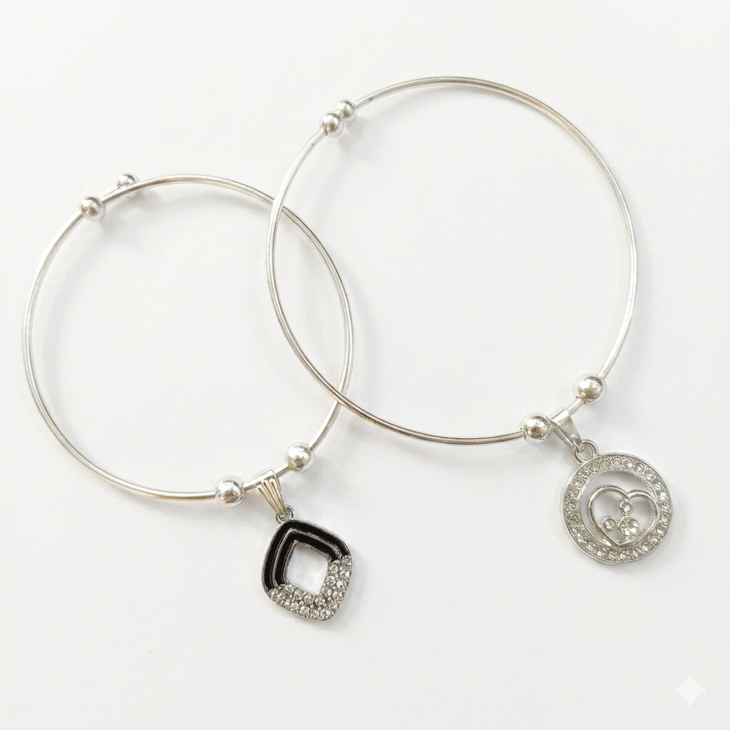 Urthn Silver Plated Elegant Austrian Stone Openable Bracelet For Women & Girls (Set of 6)