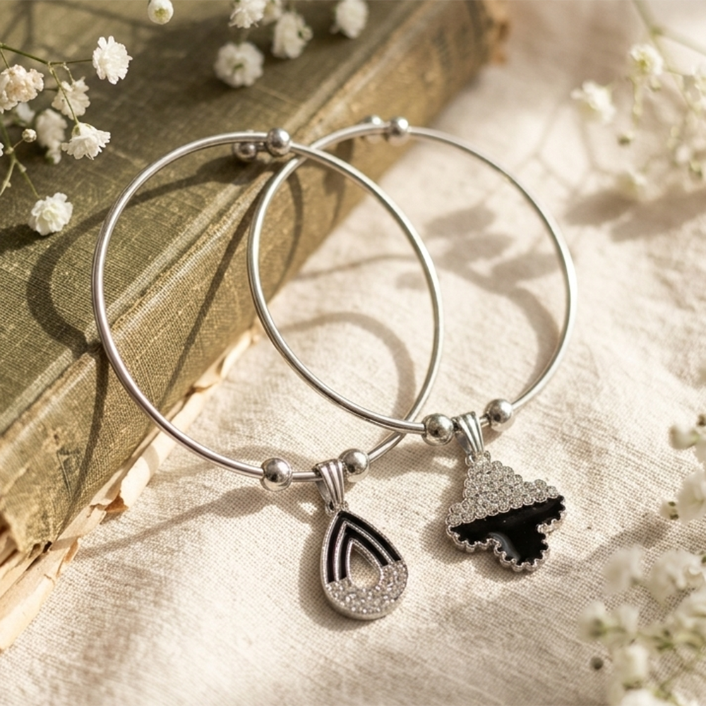 Urthn Silver Plated Elegant Austrian Stone Openable Bracelet For Women & Girls (Set of 6)