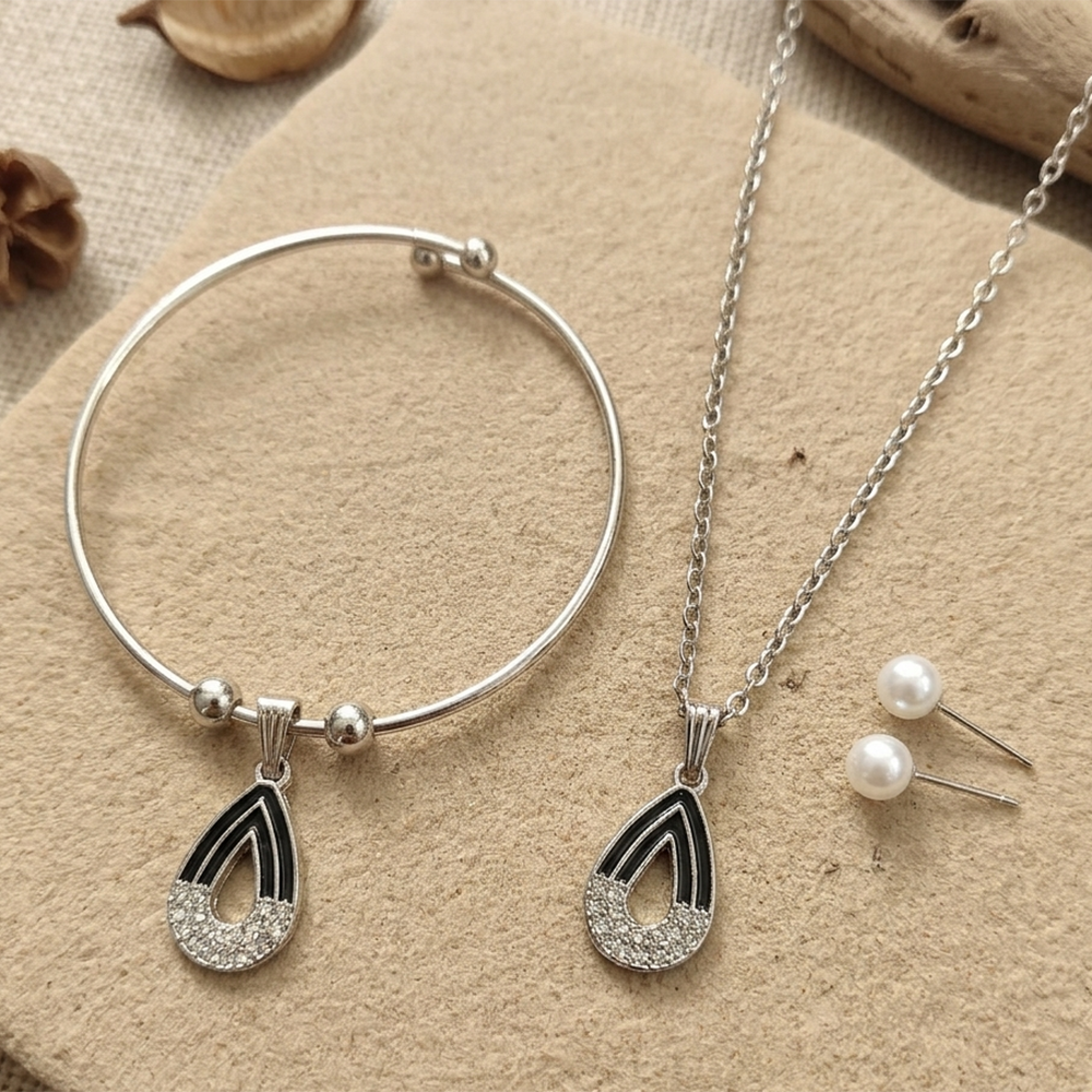 Urthn Silver Plated Chain Pendant Earrings And Bracelet Jewellery Combo Set (Set of 6)
