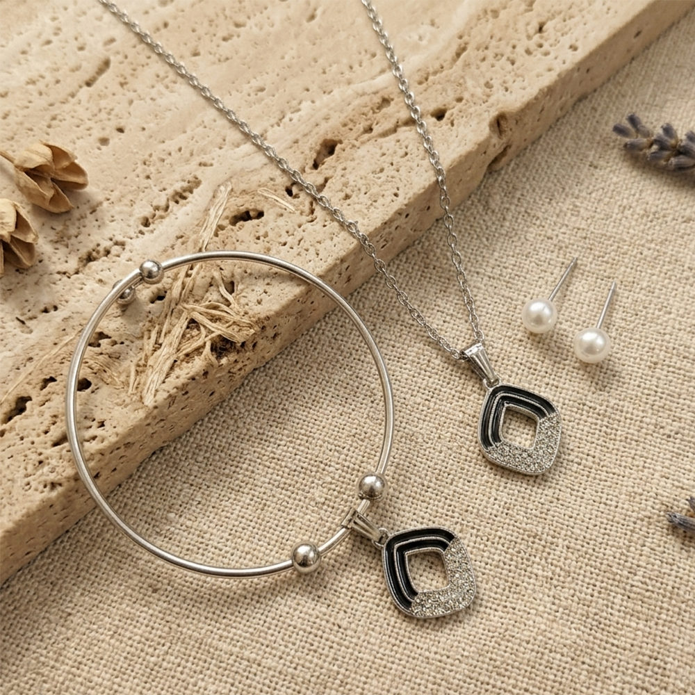 Urthn Silver Plated Chain Pendant Earrings And Bracelet Jewellery Combo Set (Set of 6)