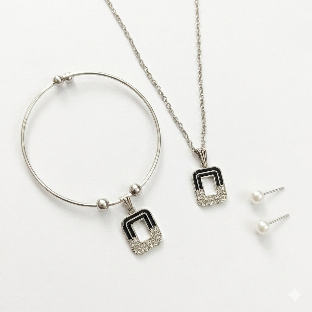 Urthn Silver Plated Chain Pendant Earrings And Bracelet Jewellery Combo Set (Set of 6)