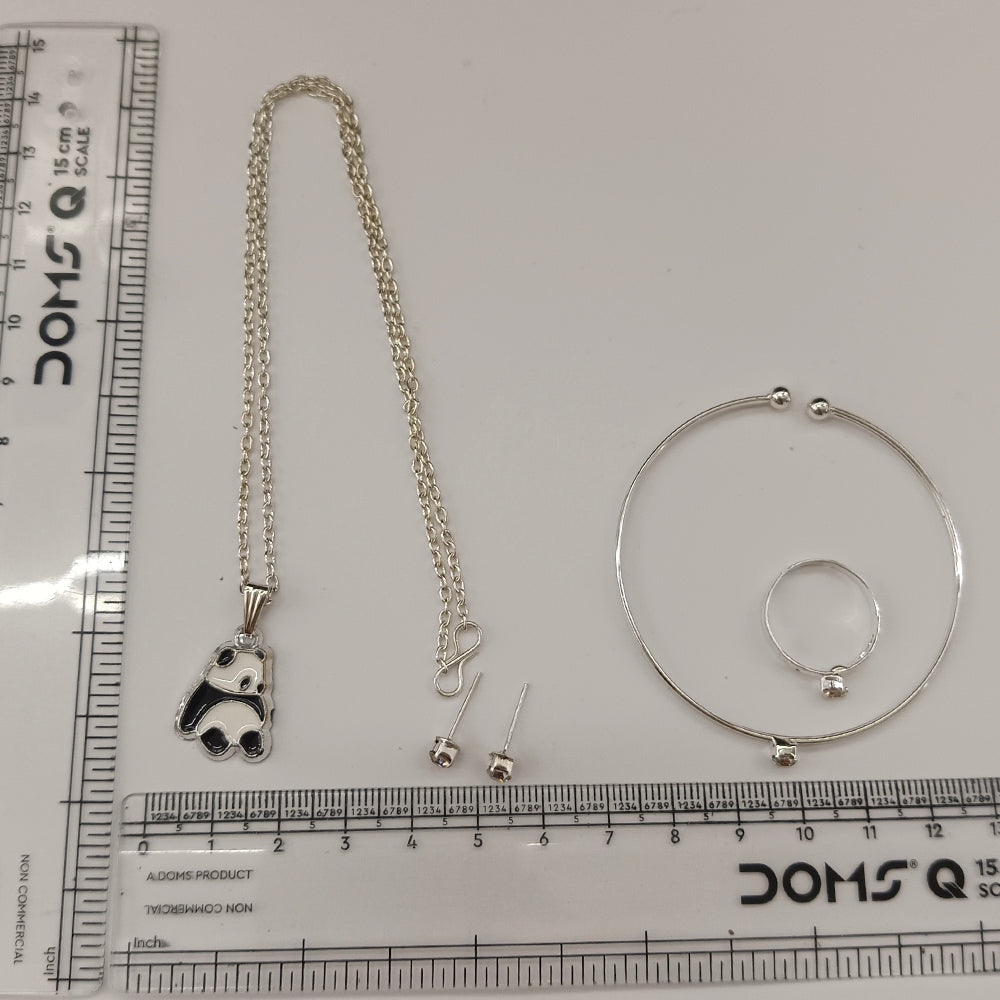 Urthn Silver Plated Panda Shape Chain Pendant with Adjustable Bracelet and Finger Ring for Women(Pack Of 12)