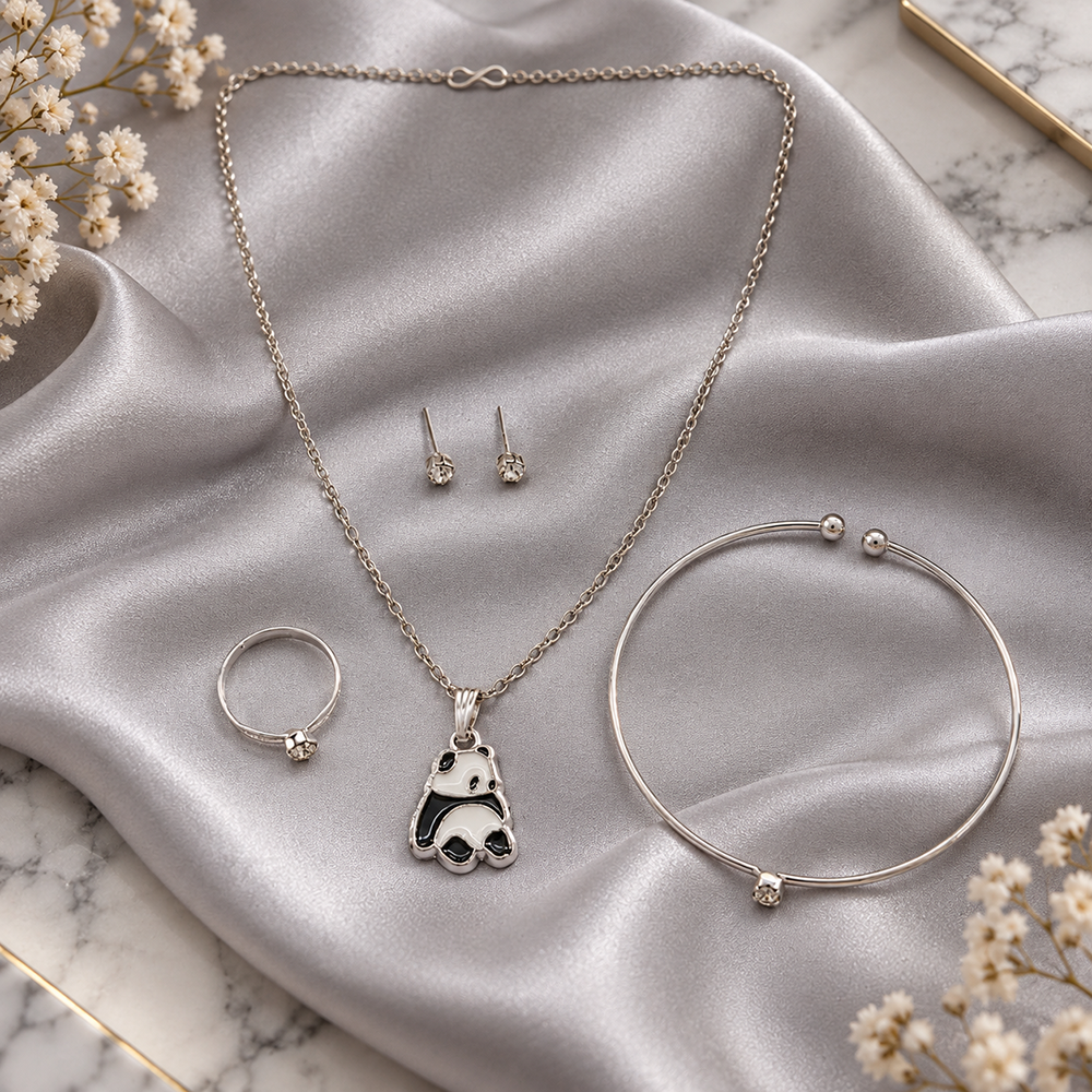 Urthn Silver Plated Panda Shape Chain Pendant with Adjustable Bracelet and Finger Ring for Women