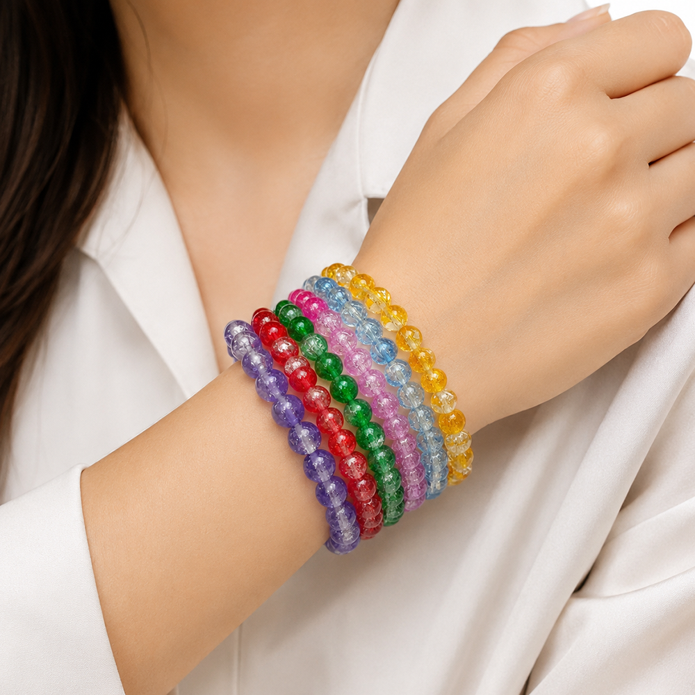 Urthn Colorful Crackle Glass Beads Bracelet  For Women & Girls (Assorted Color) (Set of 12)