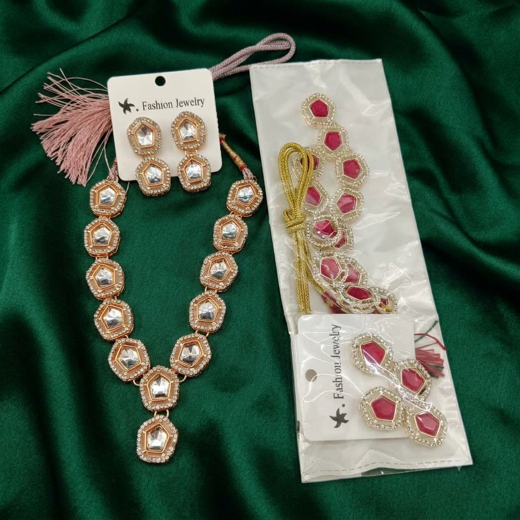 Urthn Gold Plated Kundan Stone Fashion Jewellery Combo Set