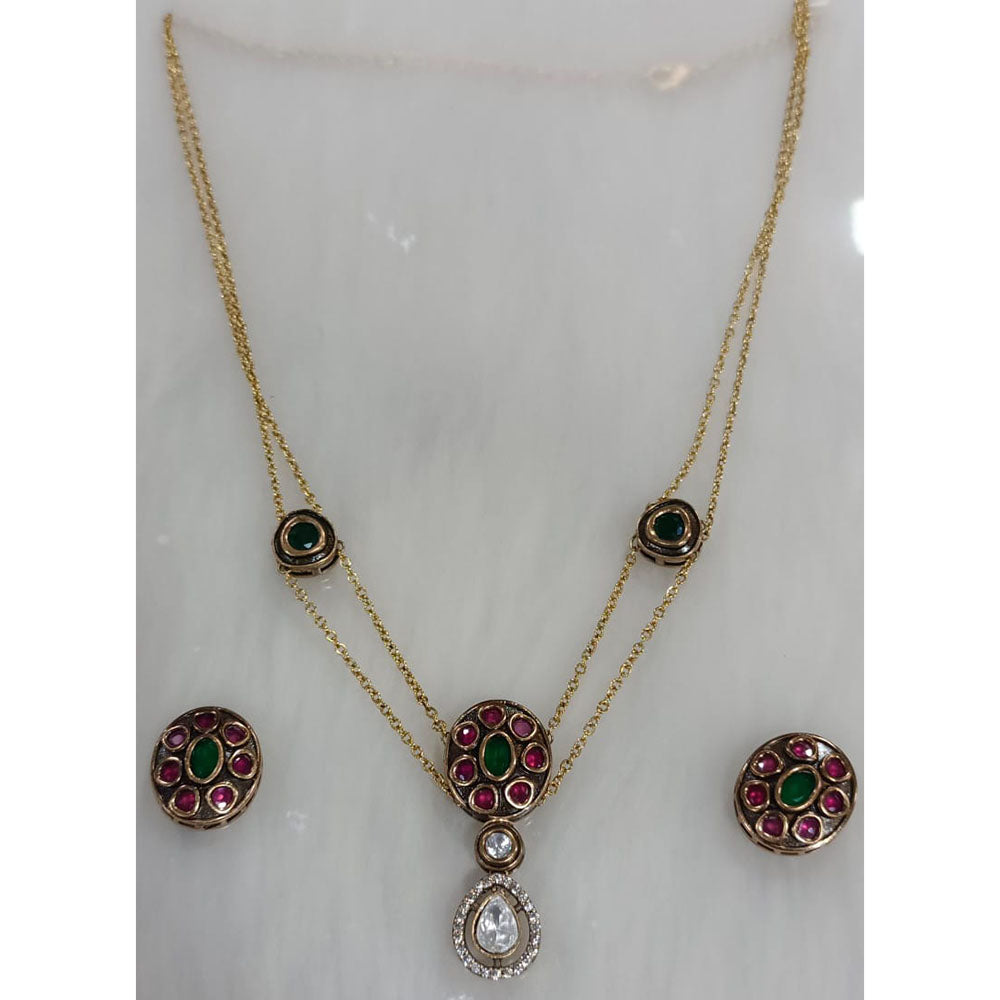 Tarangavi Copper Gold Plated Classic Pota Stone And Polki Kundan Necklace Set
