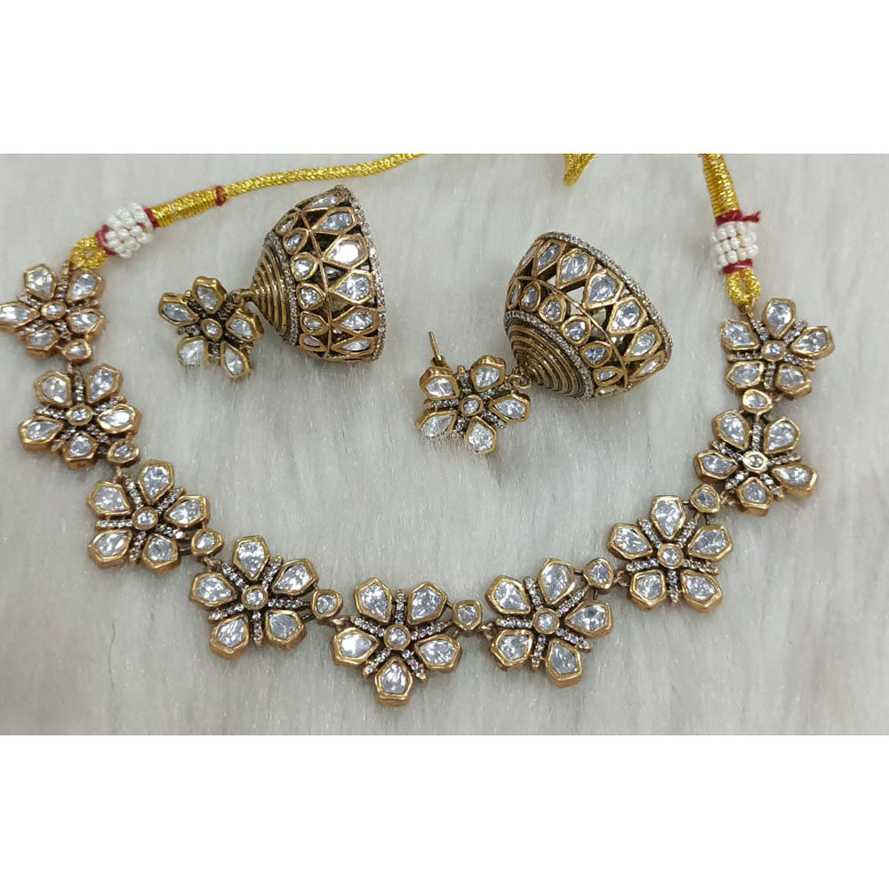 Tarangavi Copper Gold Plated Royal Polki Kundan Stone Necklace Set