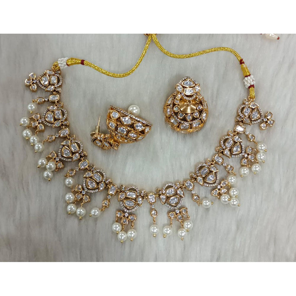 Tarangavi Copper Gold Plated Royal Polki Kundan Stone And Beads Necklace Set
