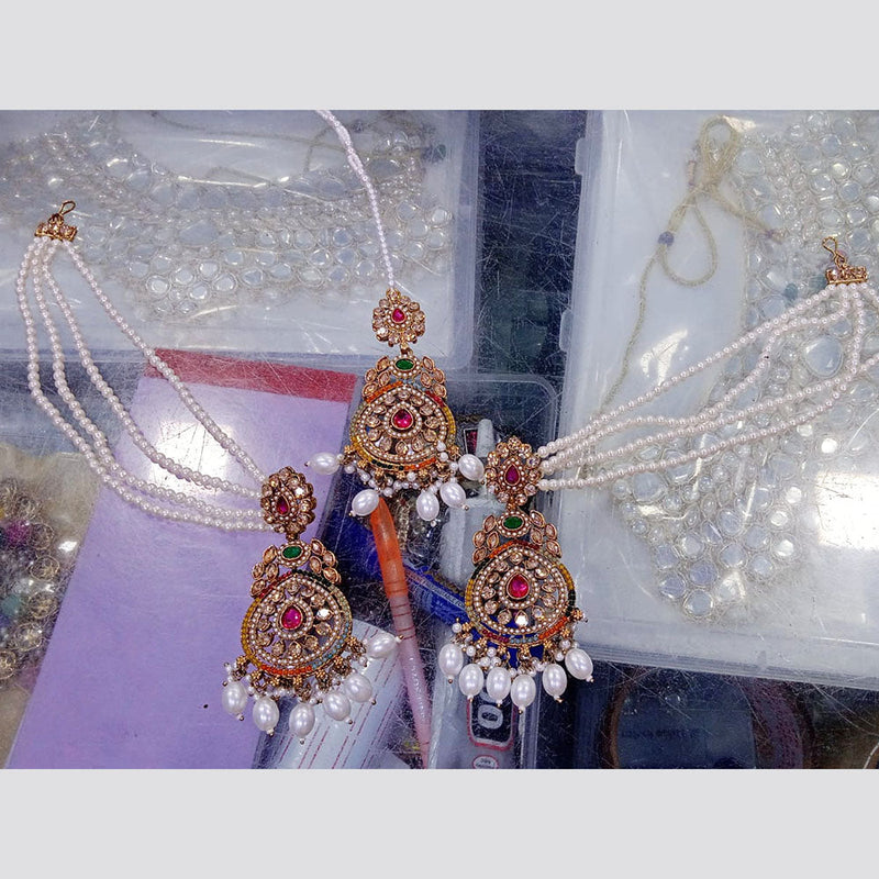 Om Creation Gold Plated Crystal Stone And Pearls Kan Chain Jhumki