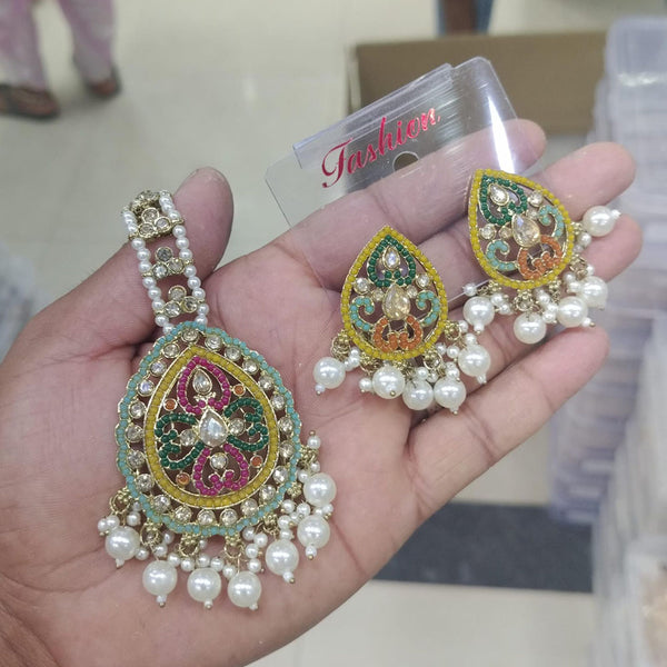 Om Creations Gold Plated Crystal  Stone And Pearls Earring With Mangtikka