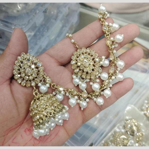 Om Creations Gold Plated Crystal Stone Jhumki Earrings With Kanchain