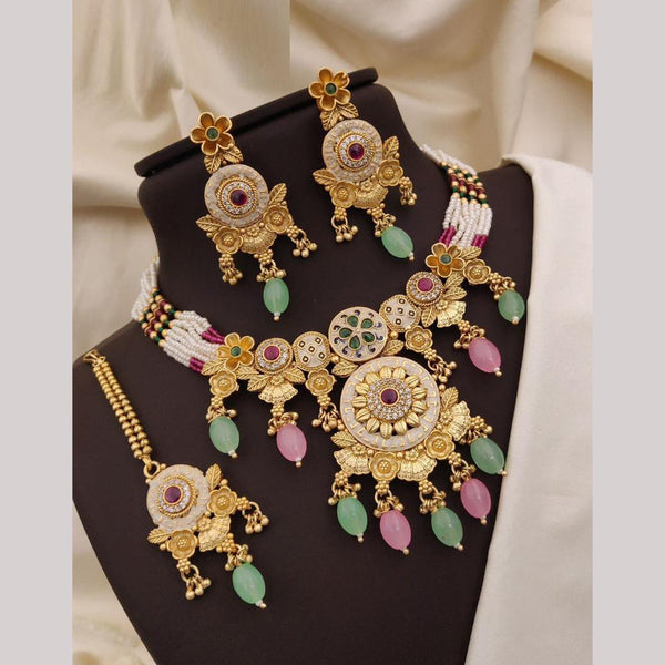 Neetu Art Gold Plated Pota Stone And Meenakari Pearls Choker Necklace Set