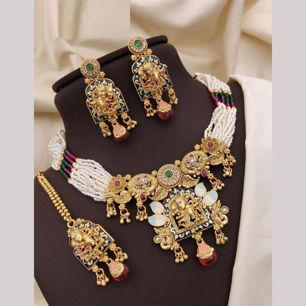 Neetu Art Gold Plated Pota Stone And Meenakari Pearls Choker Necklace Set