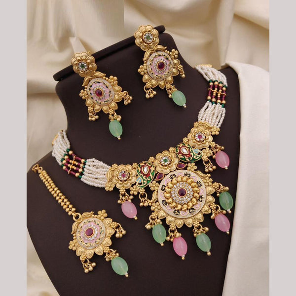 Neetu Art Gold Plated Pota Stone And Meenakari Pearls Choker Necklace Set