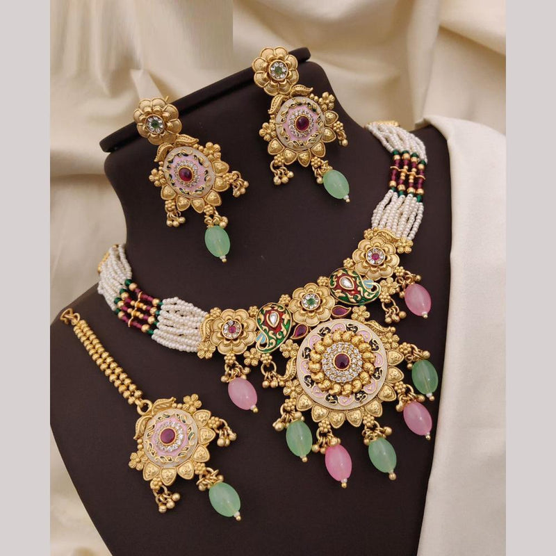 Neetu Art Gold Plated Pota Stone And Meenakari Pearls Choker Necklace Set