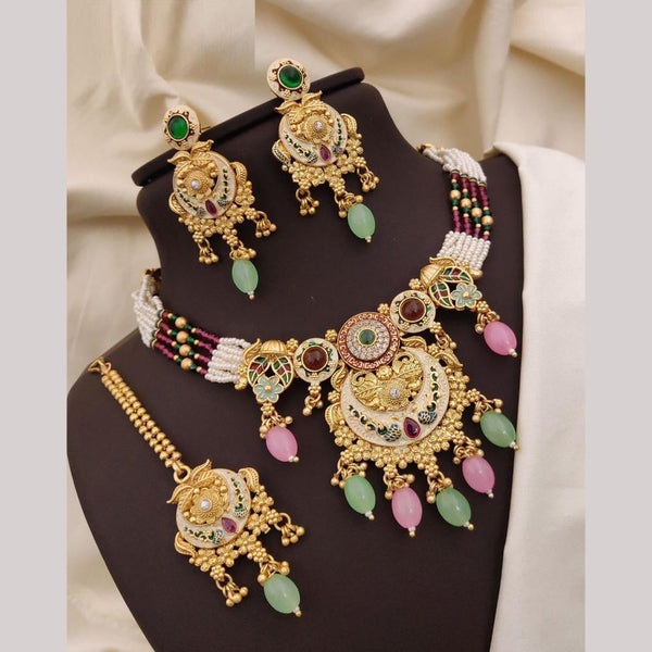 Neetu Art Gold Plated Pota Stone And Meenakari Pearls Choker Necklace Set