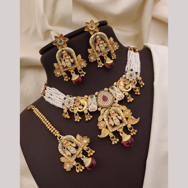 Neetu Art Gold Plated Pota Stone And Meenakari Pearls Choker Necklace Set