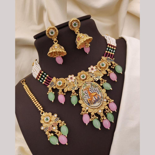 Neetu Art Gold Plated Pota Stone And Meenakari Pearls Choker Necklace Set