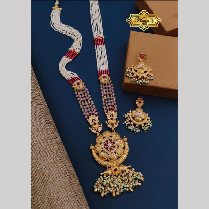 Neetu Art Gold Plated Pota Stone And Pearl Long Necklace Set