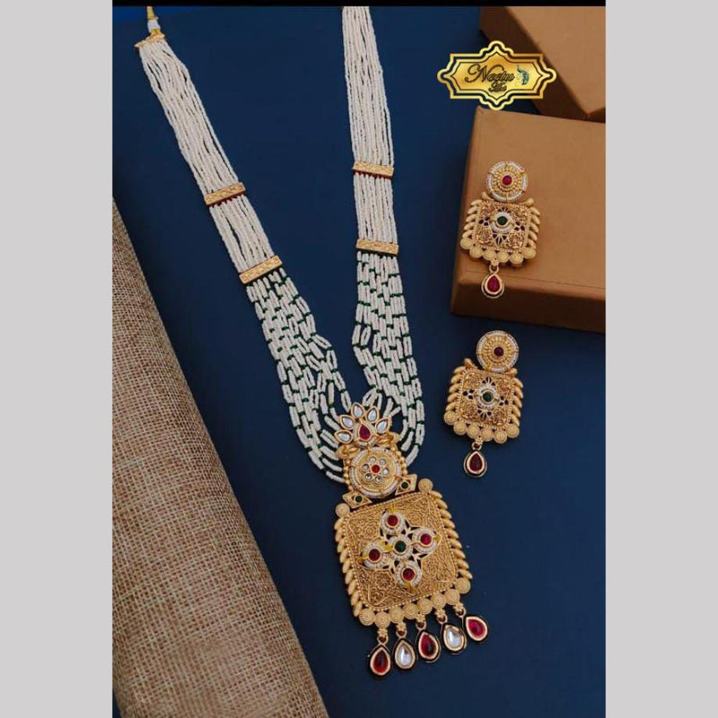 Neetu Art Gold Plated Pota Stone And Pearl Long Necklace Set