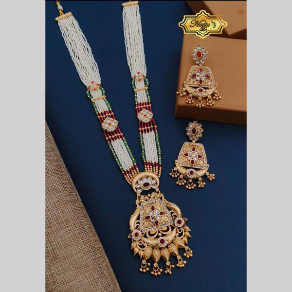 Neetu Art Gold Plated Pota Stone And Pearl Long Necklace Set