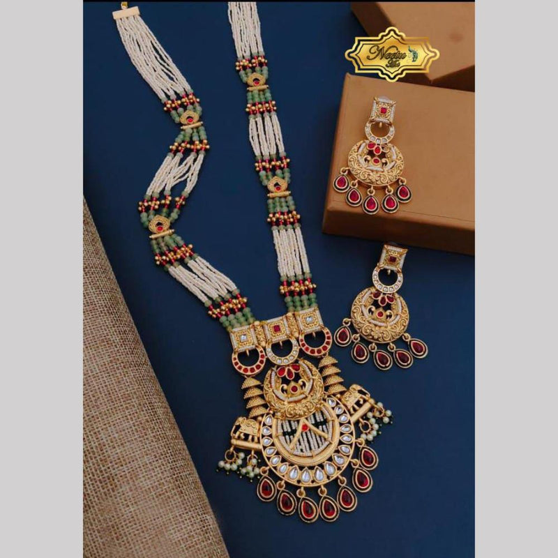 Neetu Art Gold Plated Pota Stone And Pearl Long Necklace Set