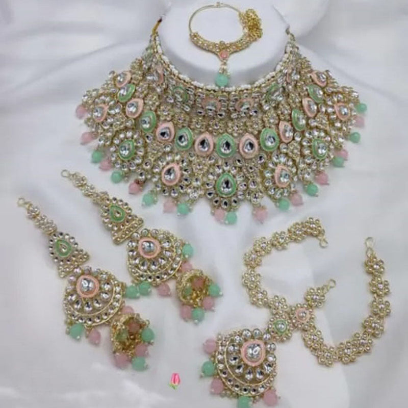 Neetu Art Gold Plated Kundan Stone And Beads Semi Bridal Necklace Set