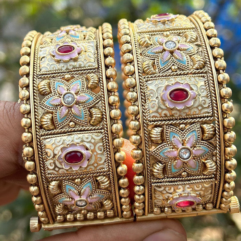 Neetu Art Gold Plated Pota Stone And Pearls Meenakari Openable Bangles Set