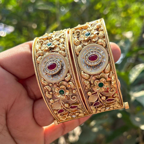 Neetu Art Gold Plated Pota Stone Meenakari  Openable Bangle Set