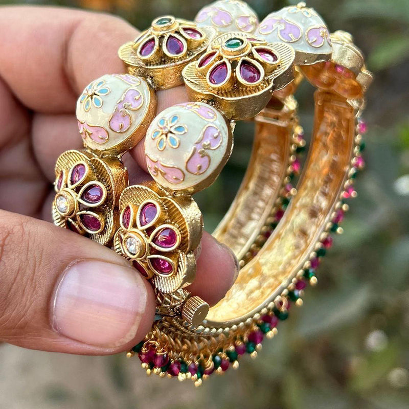 Neetu Art Gold Plated Pota Stone Meenakari  Openable Bangle Set